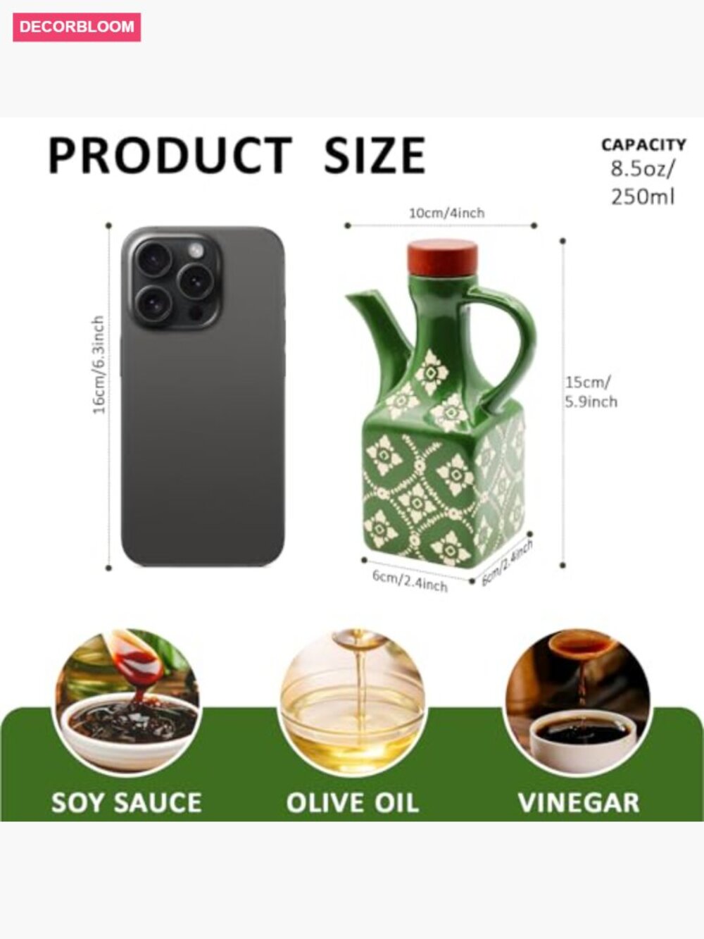 Ceramic Olive Oil Dispenser Bottle 8.5 oz Leakproof with Handle Wood Stopper - Picture 3 of 7